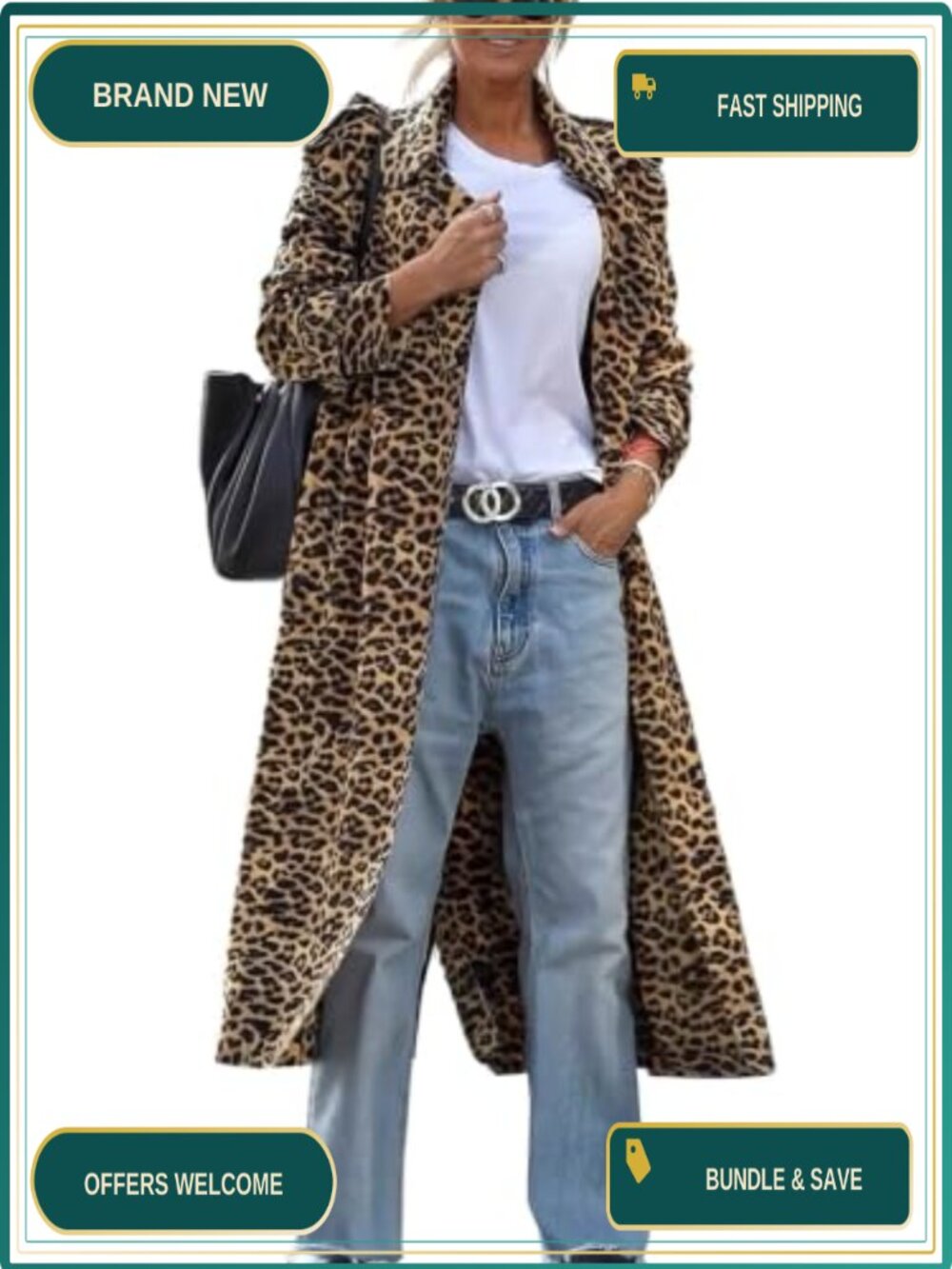 Faux Suede Leopard Pea Coat Notched Lapel Loose Trench